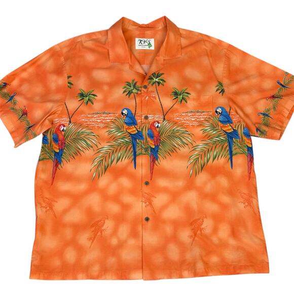 KY's Aloha Shirt Parrot Island Cotton Button Down Parrot Hawaiian Tropical 2XL - Picture 1 of 9